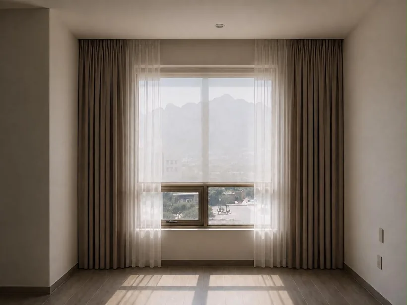 Render de ventana grande con cortinas de piso a techo en tono arena y visillo translúcido, con vista a la montaña