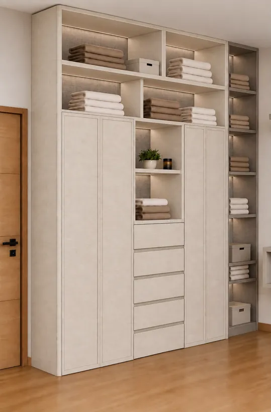 Render de mueble de blancos en lino claro con puertas, cajones y repisas iluminadas