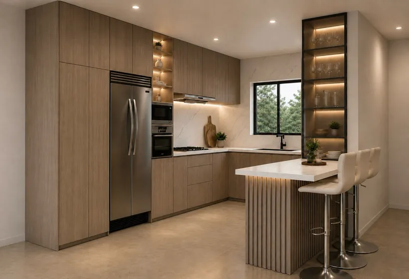 Render de cocina en tono encino con vitrina de cristal iluminada y barra con lambrín