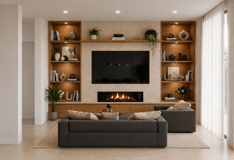 Render de sala con mueble de TV de madera, chimenea y repisas iluminadas