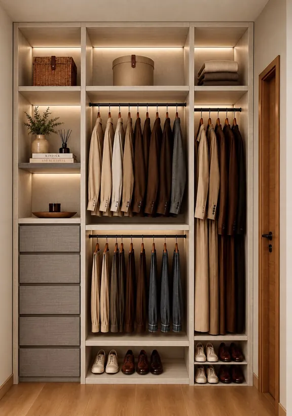 Render de vestidor abierto con cajonera, entrepaños iluminados y zapateras
